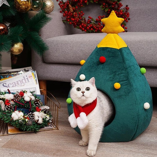 Festive Feline Christmas Tree Cat Bed - Cozy Holiday Retreat For Your