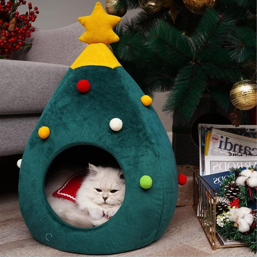 Festive Feline Christmas Tree Cat Bed - Cozy Holiday Retreat For Your