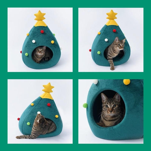 Festive Feline Christmas Tree Cat Bed - Cozy Holiday Retreat For Your
